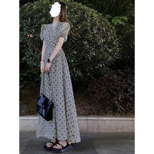 Summer French Style Elegant Wave Dot Waist Hot Girl Short Puff Sleeve Top High Waist Half-length Dress Two-piece Set for Women