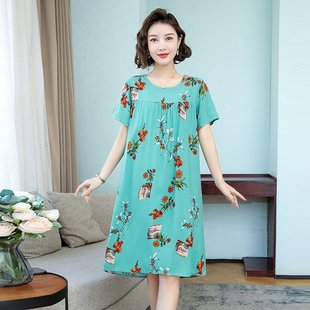 2023 Middle-aged and Elderly Women's dress Pajamas Women's Cotton Silk Nightgown Summer plus size Mother's Casual Home Clothes Short Sleeve