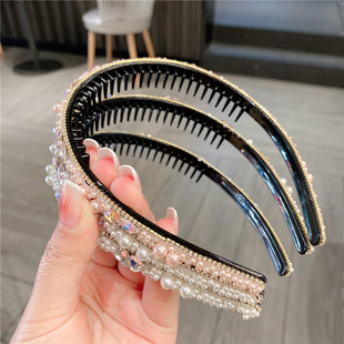 Pearl Rhinestone Hair Band with Toothed Face Wash Non-slip Head Band Bangs Broken Hair Finishing Artifact Female Summer Hair Card Elegant Sweet