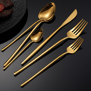 Cross-border Amazon 304 Stainless Steel Tableware Thickened Steak Knife, Fork and Spoon 6-piece Set Long Handle Household Western Dessert Spoon