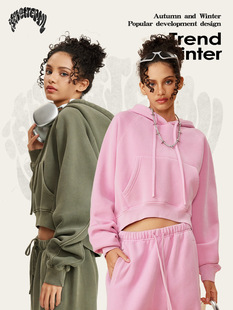 2025 Autumn and Winter European and American Trendy Brand Hot Girl Raglan Hoodie Women's Retro Washed Velvet Hooded Short Sweatshirt Women