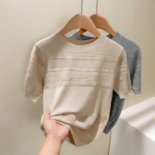 Women's 2025 Summer New Ice Silk Hollow Loose Top Sweater Women's New Round Neck Short Sleeve T-shirt Thin