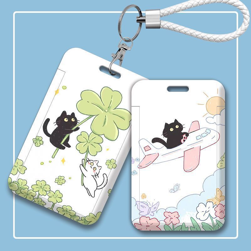 Spring Day Ins-Style Four-Leaf Clover Cat Couple Card Holder Work Badge Access Control Factory Badge Protective Cover Student Campus Meal Card