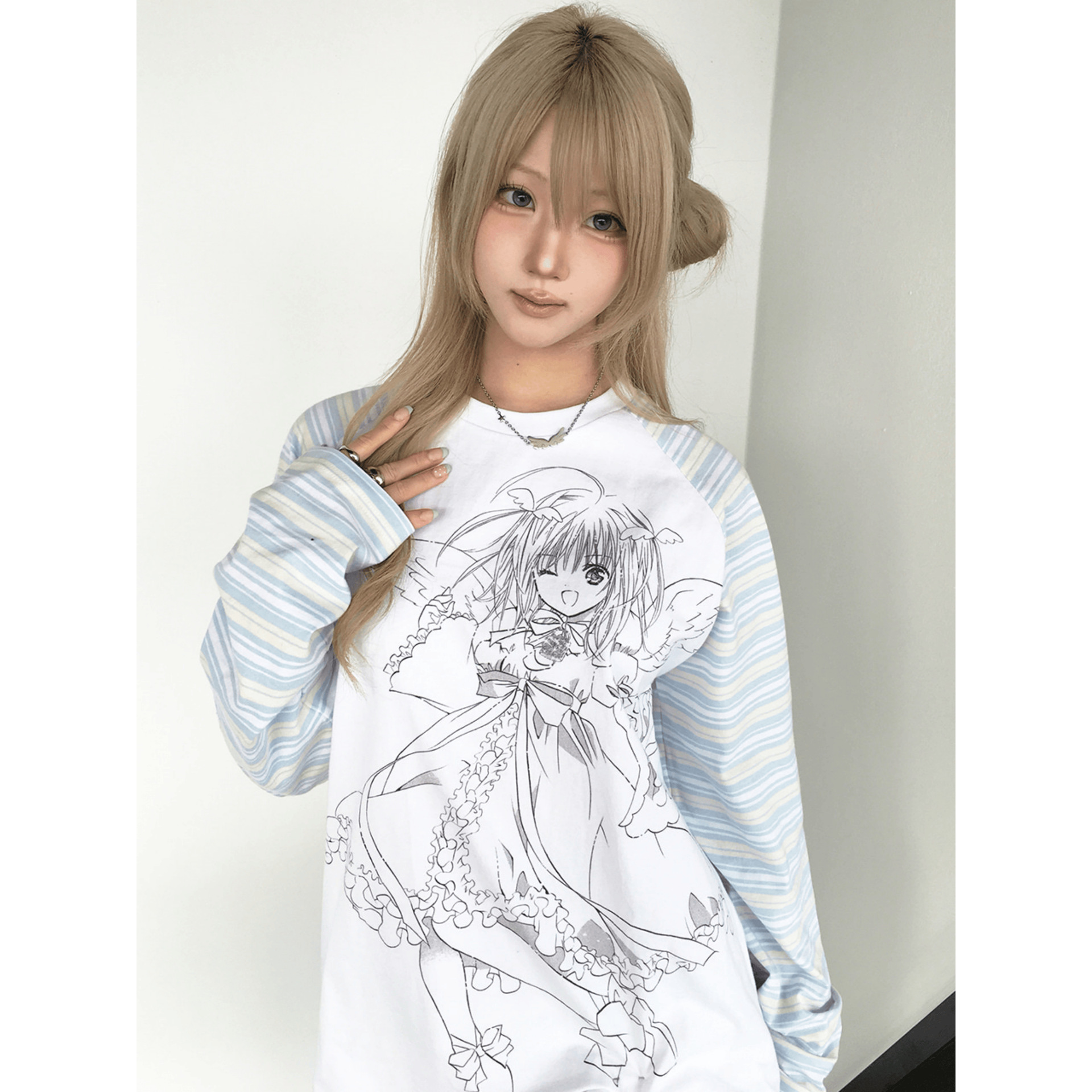Korean-Style Comic Print Ins-Style Loose Striped Design Round Neck New Sweet Street Style Long-Sleeve T-Shirt for Girls