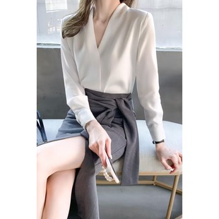 Collarless white shirt women's anti-wrinkle work clothes top spring high-grade temperament chiffon V-neck professional long-sleeved shirt