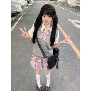 Japanese JK Uniform Sweet and Fresh suit Women's Pullover Sweater Overlapped College Style Plaid Skirt Short Skirt for Summer