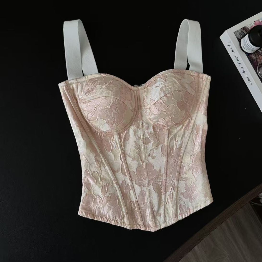 Sweet and slim fit wide shoulder strap backless camisole top, high-end feel, suitable for outerwear, court-style waist-cinching plus size fishbone corset for women.