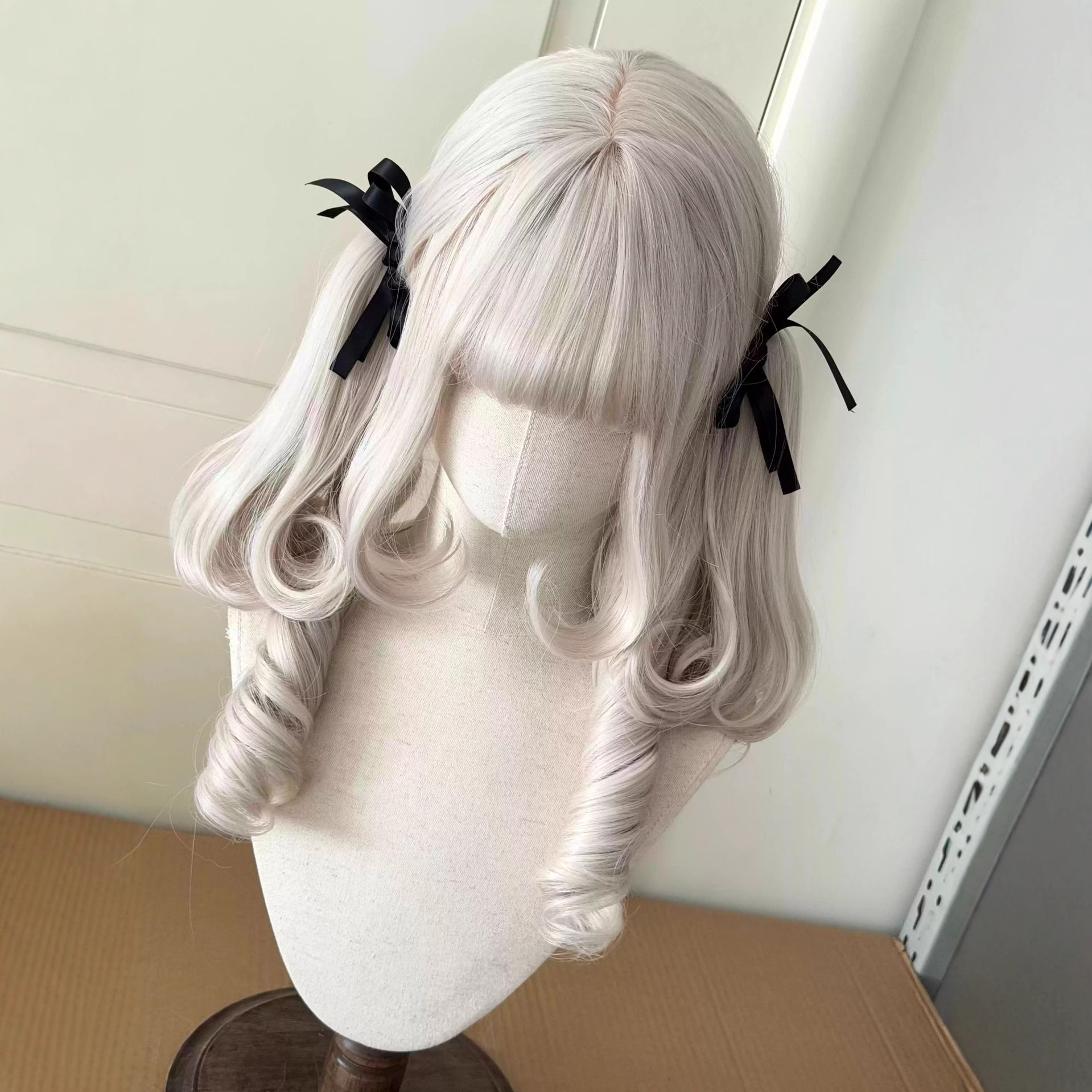 Wig for Women with Drooping Ears, Lolita Style, Misty White, Copper Tiger Clip, Double Ponytails, Doll-Like Roman Curls, Full Head Wig