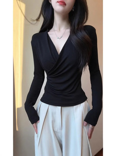 Black Cross V-Neck Long-Sleeved T-Shirt Women's Spring and Autumn New Slim-Fit Tight Waist to Cover Belly Pure Desire Inner Base Shirt Top