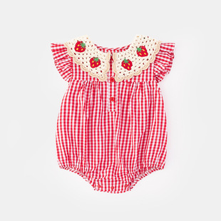 2025 Summer New Girls' Wrap Fart Clothes Korean Style Red Lattice Hatshirt Small Flying Sleeve Strawberry Baby 5328