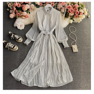 Chiffon Shirt Collar Polka Dot dress Spring and Autumn New Cross-border Gentle Style Elegant Tight Waist Large Placement Pleated Split Women