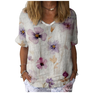 2024 Cross-borDer New 3D Retro Floral Pattern Summer Easiest for Match V Neck Short Sleeve Temperament Elegant European anD American Women's Top