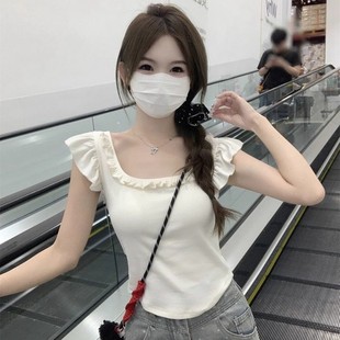 French Style Design Niche Wood-ear Edge Square Collar Short Sleeve with Chest Pad Summer Sweet Slim-fit Slimming Outer Wear Top