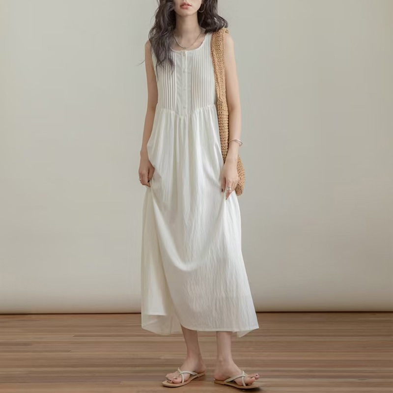 Organ Pleated Solid Color Cotton Linen dress 2025 Summer New Artist Style Pleated Fashionable plus size Sleeveless Vest Dress
