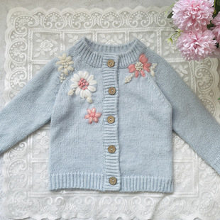 Nordic ins style new 2024 spring girls' handmade embroidered knitted cardigan wool sweater high-end simple