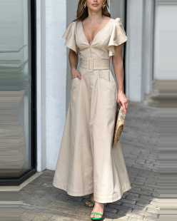 Peter Pan Deep V Tight Waist One-piece Trumpet Dress