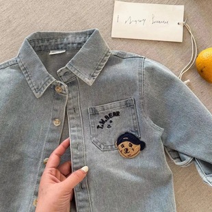 Children's shirt 2025 spring new men and women children's clothing embroidered bear shirt baby Denim shirt coat