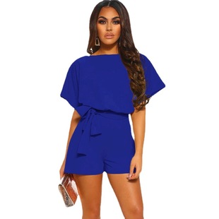 ebay AliExpress Amazon summer hot shorts fashion solid color belt short sleeve jumpsuit