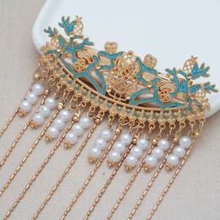 Burned Blue Ming Hanfu Headwear Imitation Pearl Tassel Cloisonne Antique Edge Clip Elegant All-match Super Fairy Ancient Clothing Accessories