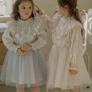 Spring 2025 Strawberry South Korea Girls Girls Children French Retro Flora Yarn Long Sleeve dress in stock