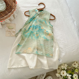 Cream Summer Dress dress 2025 Children's New Fake Two-Piece Sleeveless Buckle Princess Dress Western Style Antique Han Fashion