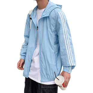 Striped Sun protection clothing men's summer ins trendy Hong Kong style loose hooded jacket thin breathable sun protection clothing jacket