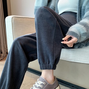 Pregnant women's pants 2024 autumn and winter New chenille European cotton velvet fleece-lined thick bloomers slimming pregnant women's ankle-tied trousers