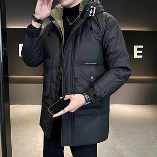 2024 New Thickened Warm Trendy Brand Down Jacket Men's Mid-length Winter Casual Hooded Youth White Duck Down Jacket