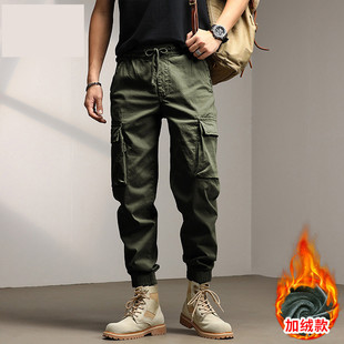 Autumn and winter ankle-tied loose multi-pocket overalls men's thick straight casual pants American retro velvet functional pants