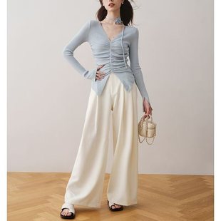 Chic Pleated Slim-Fit Knitted Sweater 2024 Early Autumn New Design Sense V-Neck Slim Look Unique Top Super Nice