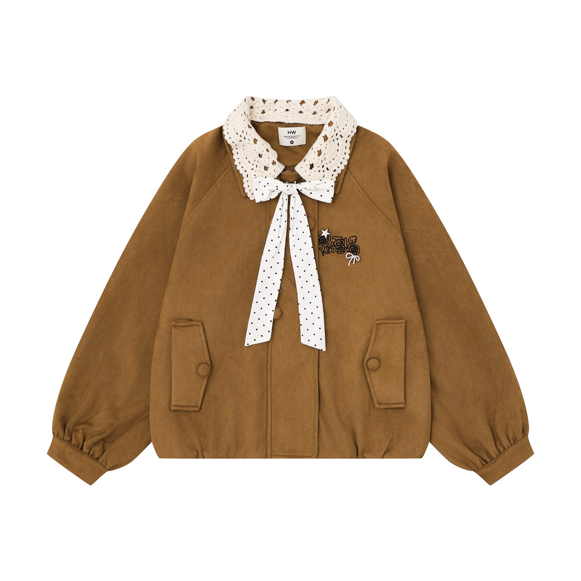 College-style polka dot bow collar short jacket for women, autumn embroidered loose soft faux suede jacket top