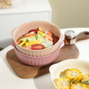 Ins Style Cream Ceramic Striped Double Ear Bowl Air Fryer Baking Bowl Microwave Oven Oven Bowl Salah Bowl Soup Bowl