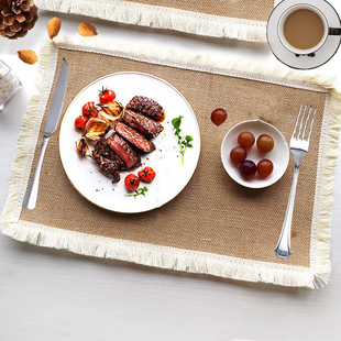in stock Restaurant Solid Color Tassel Square Placemat Natural Environmentally Friendly Jute Woven Heat Insulated Non-Slip Coffee Mat Coaster