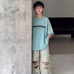 Boys' Western-style Ruffian Handsome Letter T-shirt Boys 2025 Spring/Summer New Style Loose Casual Short-sleeved Top for Big Kids