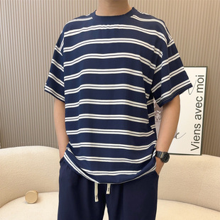 Cotton Silk Short-Sleeved Stripesd T-Shirt Men's Pullover Summer Thin Loose Artificial Cotton Large Size Casual Versatile Top