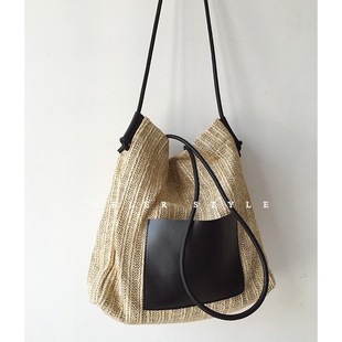 Vintage Woven Tote Bag Straw Woven Bag Shoulder Bag Large Capacity Shopping Bag Seaside Beach Bag Mother Bag Straw Woven Bag
