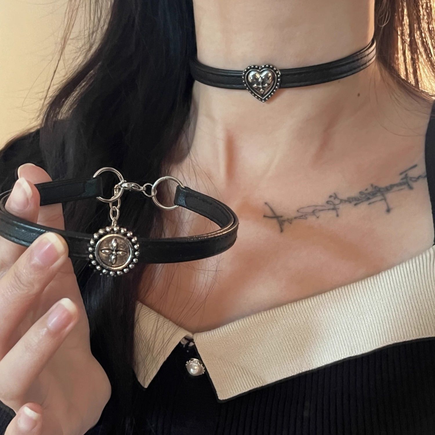 Do Old Vintage Necklace Black Leather Choker Collar Dark Punk Style Sub-culture Clavicle Thin