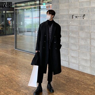 Autumn and Winter fleece-lined Thickened Woolen Coat Men's Mid-length Over-the-knee Korean Loose British Woolen Coat Trenchcoat Men's