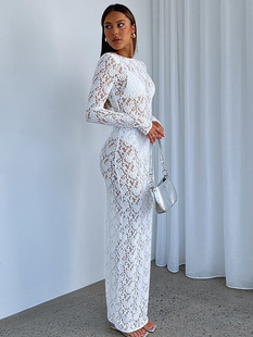 Amazon Europe and the United States foreign trade new hot women's sexy hollow lace pattern perspective slim long dress