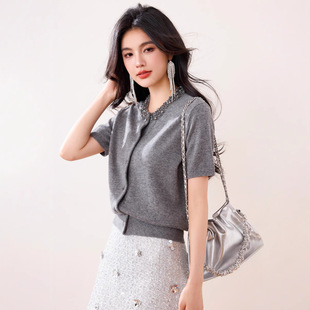 2025 Summer New Korean Style Light Mature Style Wear Stitching Sequins Heavy Industry Diamond-encrusted Short-sleeved Cardigan Knitted T-shirt for Women