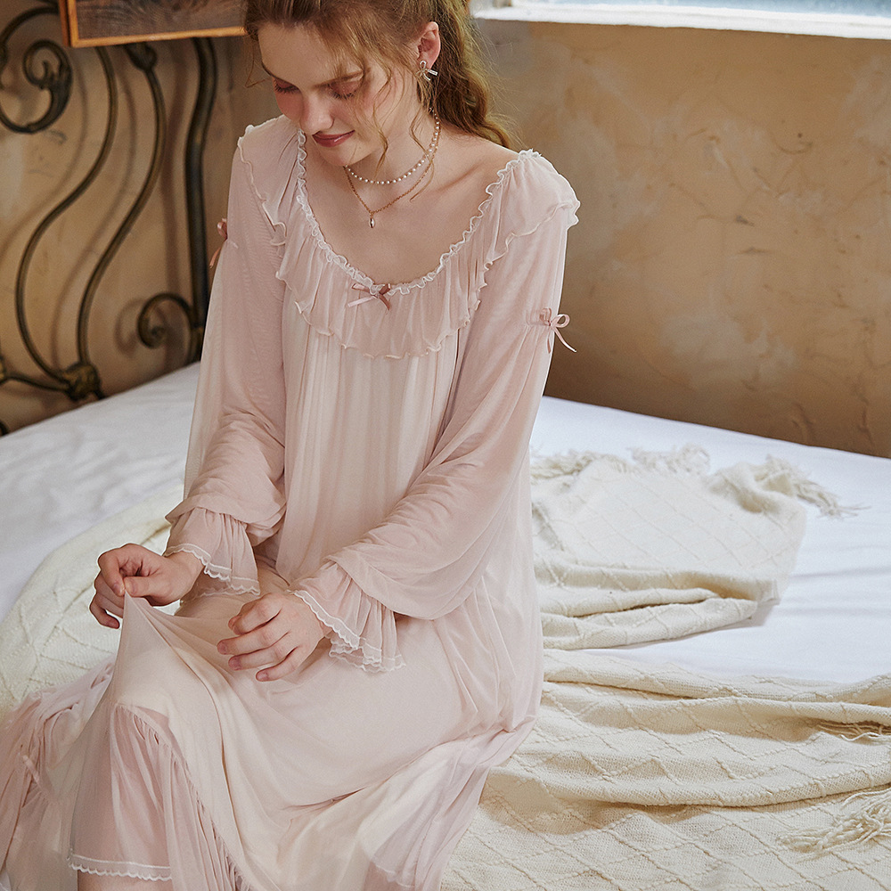 Fairy Style Women's Modal Long-Sleeved Mesh Nightgown Loose One-Piece Dress Girl's Pajamas Comfortable Home Clothes