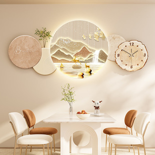 Cream silent style restaurant decorative painting with clock abstract flower mural stone running sandstone background wall hanging painting