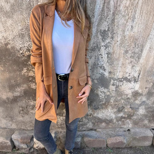 2024 European and American Independent Station Amazon Autumn and Winter Long Jacket Suede Lapel Long Sleeve Casual Versatile Outer Jacket