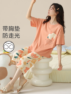 Women's pajamas with chest pad summer cotton short-sleeved cropped pants home wear thin summer casual outerwear plus size suit