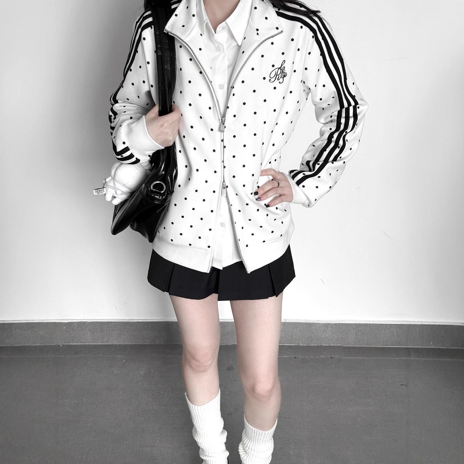 Japanese Subculture Polka Dot Gymnastics Jacket Stand Collar Sweatshirt Spring and Autumn Loose Sports Slim Versatile Top Trendy