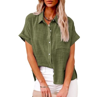 2024 Amazon ebay European and American Spring and Summer Explosions Top Cotton and Linen Pocket Button Short Sleeve Shirt T-shirt Women's Wear