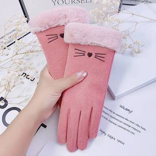 Winter Women's fleece-lined thick warm suede Korean-style cute touch screen cycling windproof cold-proof cotton gloves