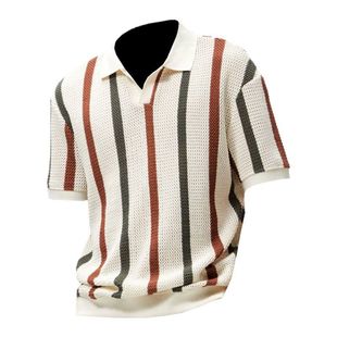 Men's Short-sleeved T-shirt Summer Simple Designer Color-block Stripe Lel Neck Sweater Light Mature Style Top in stock