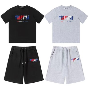 Cross-border foreign trade Trapstar short sleeve suit rainbow letter gradient towel embroidery loose casual shorts suit
