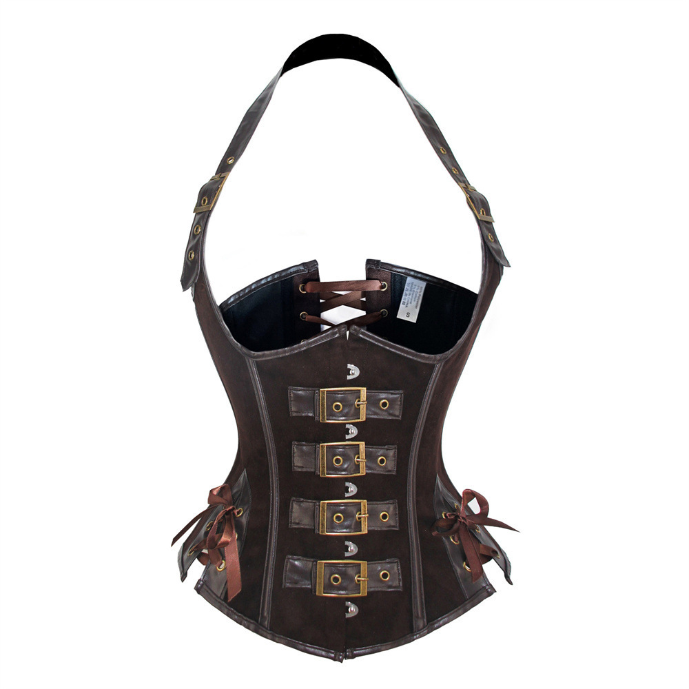 C22109 # Gothic Rock Steampunk Corset Faux Leather Waist Cincher Waistcoat Shapewear